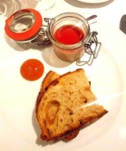 Kitchen W8 Parfait of foie gras with a puree of caramelized pink grapefruit, blood orange jelly and toasted sourdough 