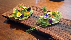 Pea wafer with fennel and flowers at Fera, Claridges Hotel, Brook Street, Mayfair