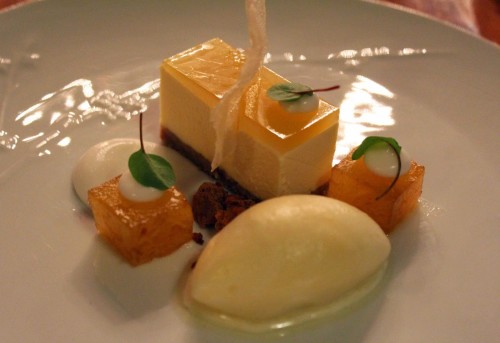 Pineapple cheesecake with pineapple sorbet and coconut cream