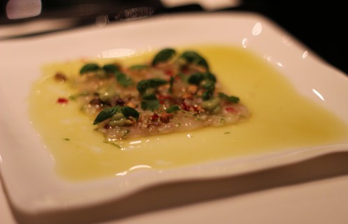wild seabass carpaccio, with basil, coriander, mint and lime