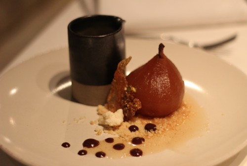 Poached pear, Armagnac cream and toffee brittle