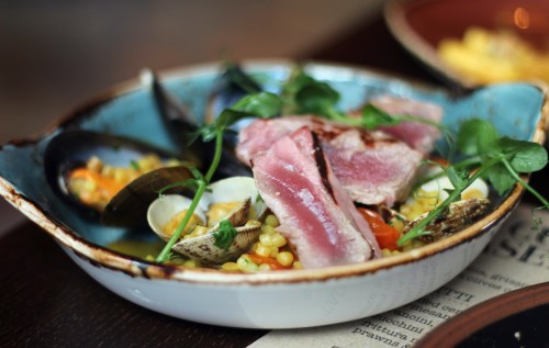 Grilled tuna, shellfish & fregola ragu