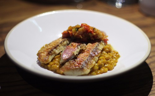 Red mullet a la plancha with mussels, barley and saffron sauce