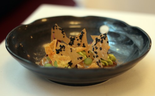 Marinated raw hand dived scallops, cucumber jelly, avocado cream, sesame filo and shiso dressing