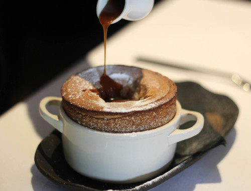 Banoffe souffle with salted caramel and bitter chocolate ice cream