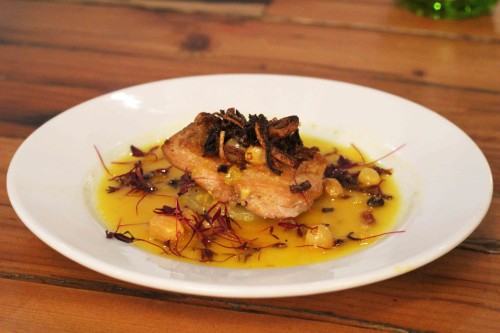 Crispy chicken thigh, layered potato & saffron sauce