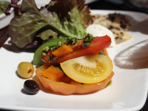 Heritage tomatoes with cacao whipped goats curd, cacao pesto and crisp cacao nib cheese