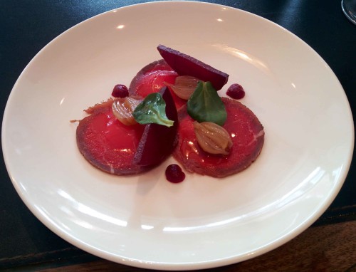 Cured Fillet of Rhug Organic Aberdeen Angus Beef with Salt-Baked Beetroot, Beer Pickled Onion and Horseradish Cream