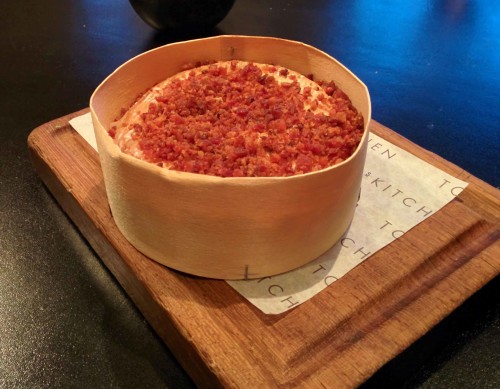 Baked Golden Cenarth with Candied Bacon Crumble and Raisin Toast