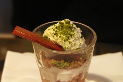 Late rhubarb yoghurt fool, ginger biscuit crumb