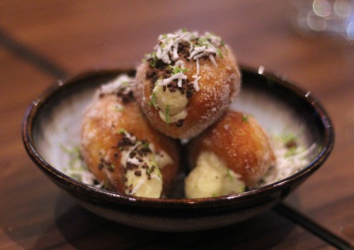 Beignets vanilla cream, nibbed coco, coconut