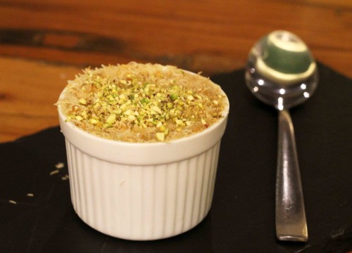 Knafa - Baked cream & filo pastry topped with blossom water syrup and pistachios