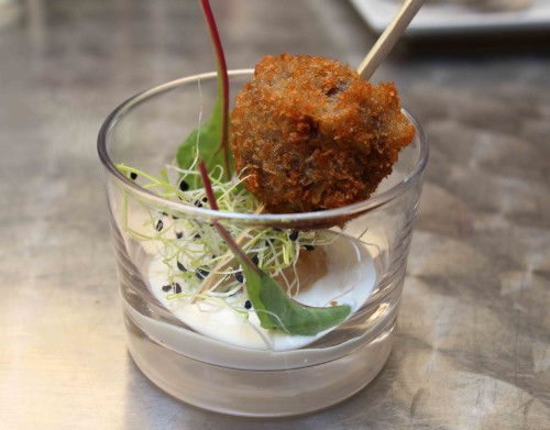 Morcilla bon bon with parmesan cream and pear chutney