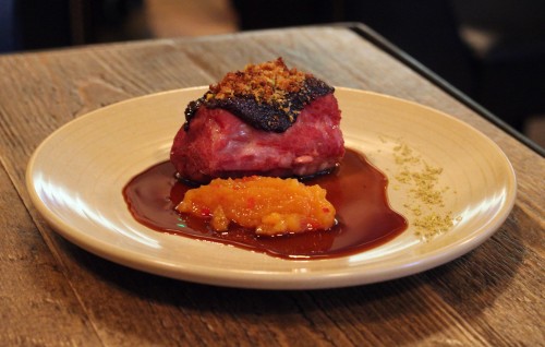 Neck of lamb, pistachio migas & apricot chutney