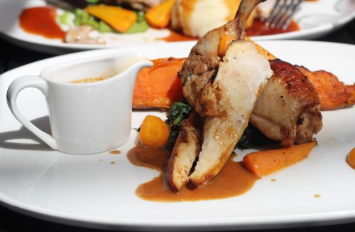 Roast corn fed chicken marinated in bois bandé with sweet potato, pumpkin, cracked nib and peppercorn rum sauce