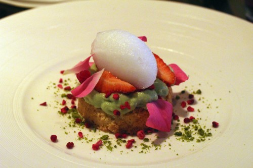 SABLE TART OF STRAWBERRIES, pistachio crème patissière, elderflower sorbet