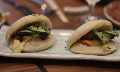 Steamed buns, stuffed with crispy pork belly, pickled cucumber & chilli mayonaise
