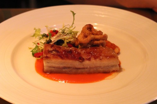 TWICE COOKED PORK BELLY, PEPPERED SQUID, BASQUAISE SAUCE, PARSLEY OIL, peppered squid, Basquaise sauce, parsley oil