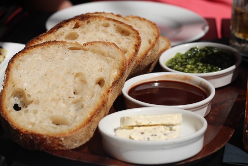 Three cacao dips and sourdough - chocolate balsamic, cacao pesto, nib butter