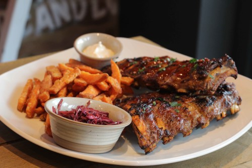 BBQ Ribs with sweet potato fries and spiced coleslaw