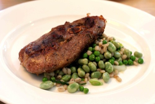 Grilled Leg of Goat with Pearl Barley, Peas, Broad Beans, Fine Beans and Goat’s Cheese Curd