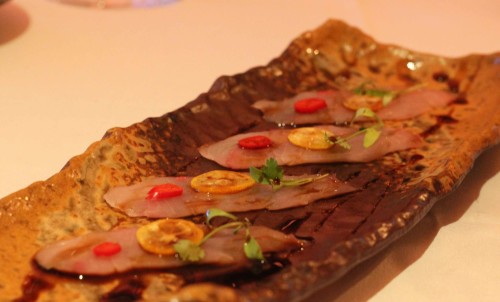 Hamachi Usugiri, Thin slices of yellow tail, red chilli, coriander, kumquat and ponzu