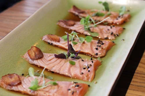 New Style Sashimi, Salmon seared in hot oil with yuzu soy