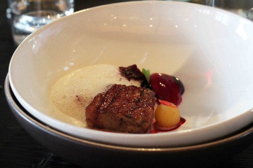 BBQ rib, beet, hay foam, apple cider