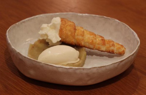 Condensed milk cream horn, granny smith apple compote, apple vinegar ice cream
