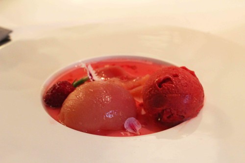 Champagne poached peaches, English raspberries, rose water sorbet
