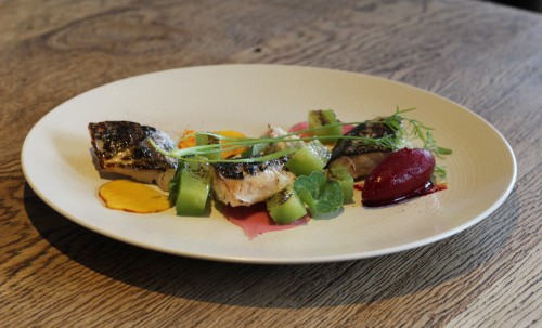 Charred Cornish Mackerel, tartare, beetroot, horesradish & scorched cucumber
