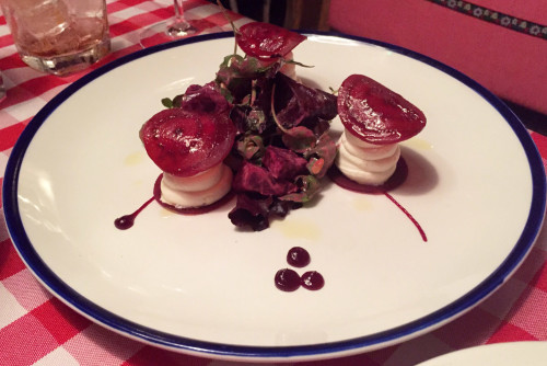 Goat’s cheese mousse, salted baked beets close up
