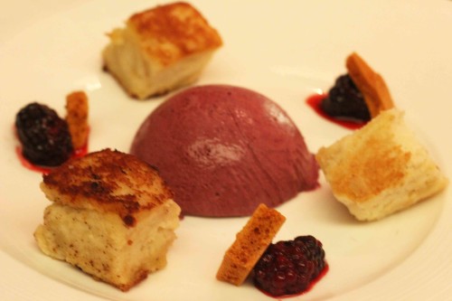 Blackberry parfait, Worcester apple sponge, honeycomb