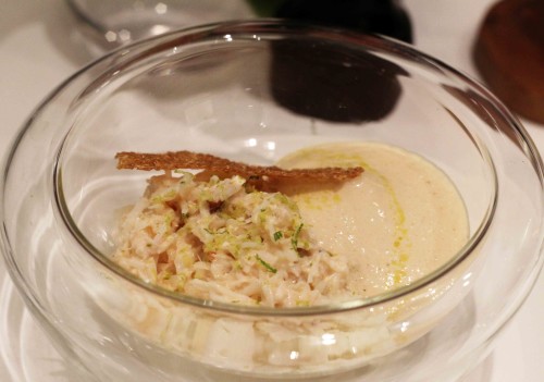 Cornish crab with cauliflower, curried bisque foam, pistachio and quinoa crisp