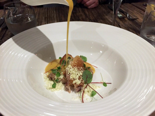 Crispy Chicken Wings, Sweet corn Veloute, Potato Dumpling, Basil Powder