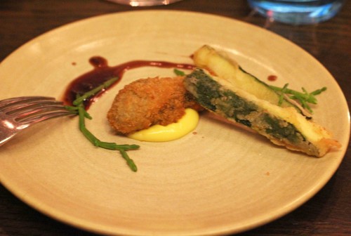 Deep fried oyster, saffron aioli, red wine butter sauce