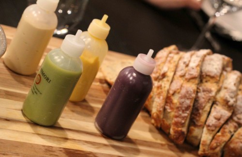 Fresh baked bread with goats cheese mousse & market vegetable purees