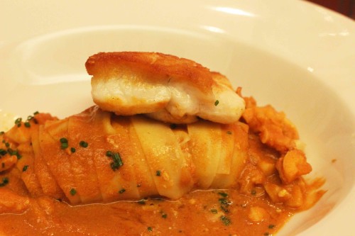 Pan fried brill, native lobster tagliatelle, truffle bisque