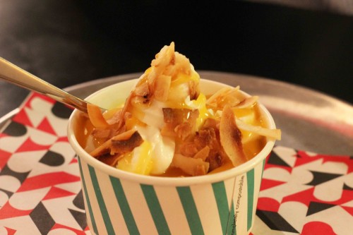 Passionfruit with caramelized coconut soft serve ice cream