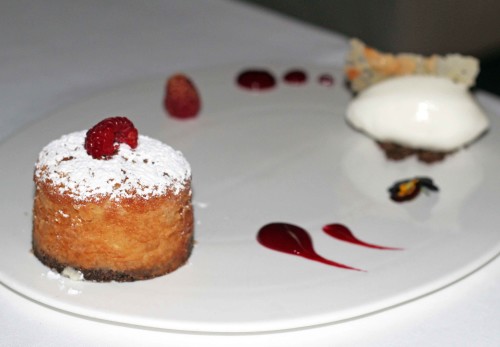 Raspberry and Almond Tart with Liquorice Crumble and Yogurt Ice Cream