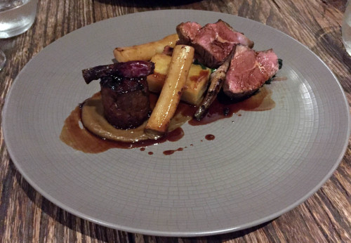 Roast Lamb Rump, Confit Shoulder, Pressing of Potato, Rainbow Chard, Salsify, Wild Mushrooms, Caramelised Shallot Puree