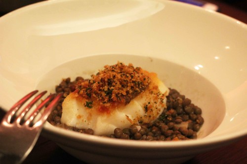 Roasted Newhaven cod, puy lentils, bacon and brioche crumb