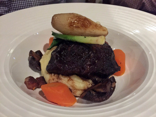 Slow Braised Beef Cheek, Bourguignon Garnish, Horseradish Mashed Potato, Baby Leeks and Carrots