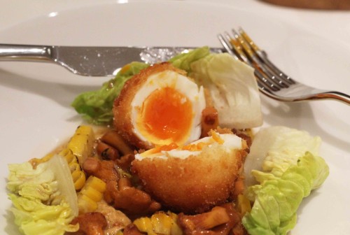 Slow cooked Burford brown egg with charred sweetcorn and roast chicken juices 2