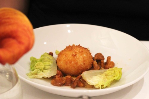 Slow cooked Burford brown egg with charred sweetcorn and roast chicken juices