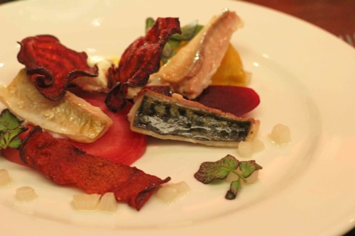 Smoked mackerel fillet, English heirloom beetroot and horseradish, watercress and beetroot crisps