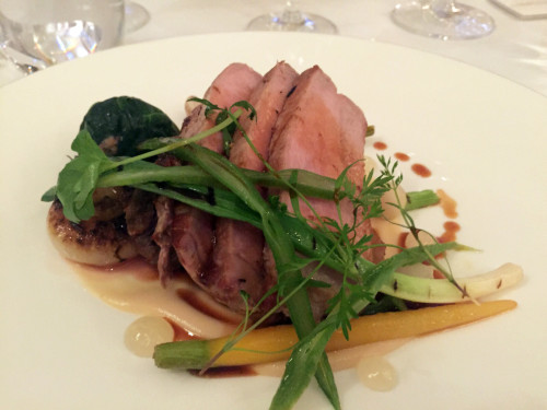 Acorn fed pork chop, turnip and lemon puree, minced pork stuffed cabbage, truffle sauce