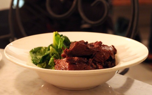 Braiseed red wine beef, crushed heritage potaties, sprout tops