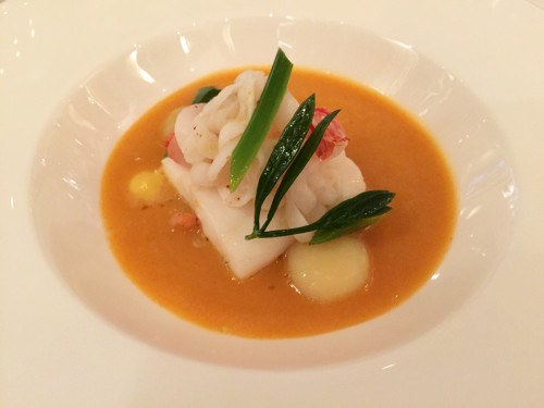 Cornish fish broth, squid, plaice, red prawn, roast garlic and saffron