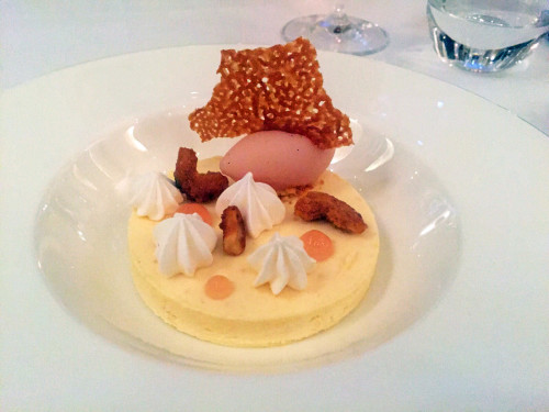 Lemon meringue parfait, pink grapefruit sorbet and cashew nut praline